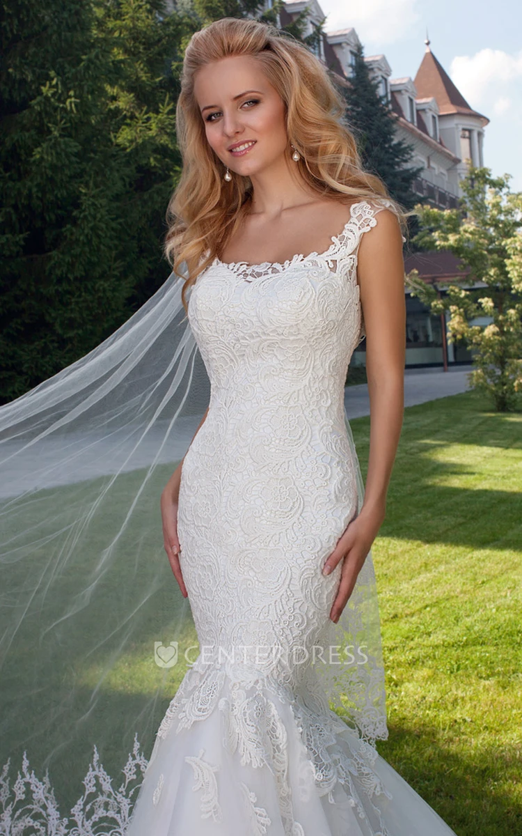 Mermaid Sleeveless Square Appliqued Floor-Length Lace&Tulle Wedding Dress With Illusion Back And Chapel Train