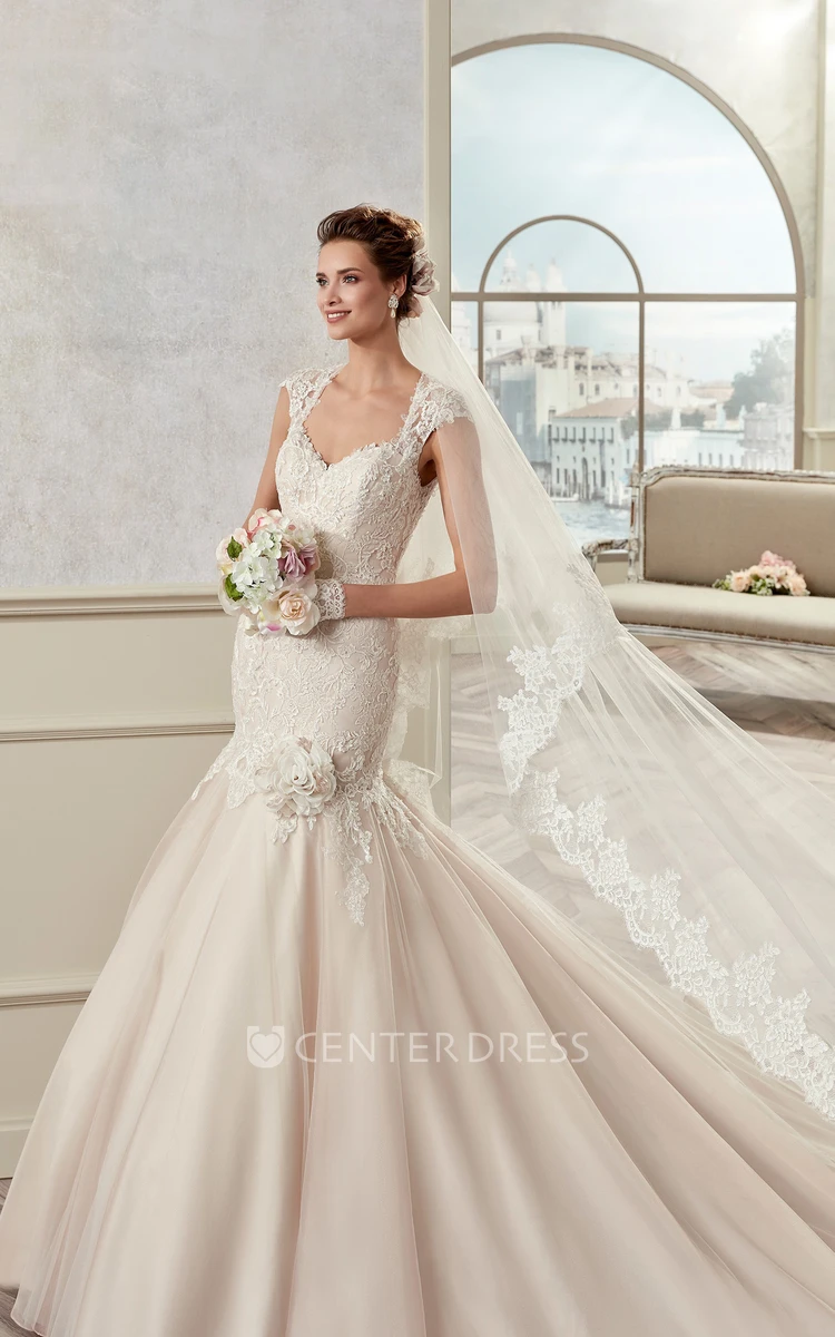 Square-Neck Cap Sleeve Mermaid Bridal Gown With Floral Decorations And Keyhole Back