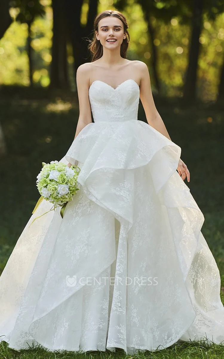 Lace Sweetheart Cascading Ruffles Sleeveless Open Back Bridal Ball Gown