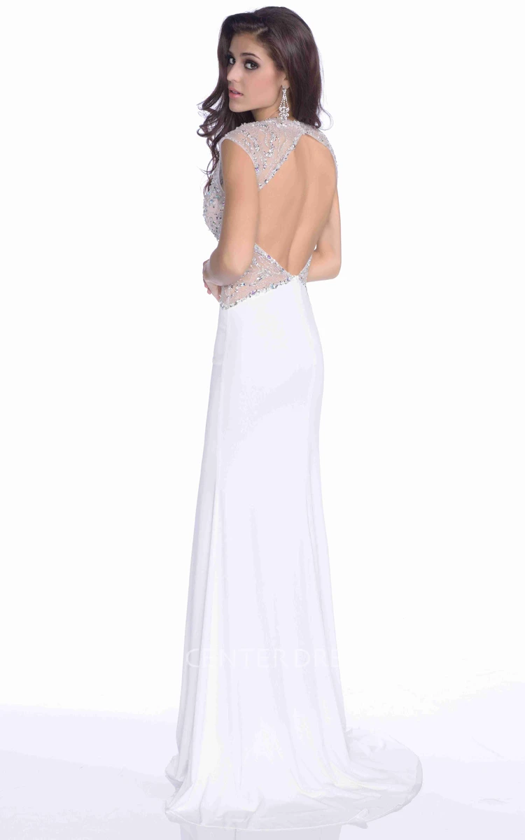 A-Line Jersey V-Neck Prom Dress With Bling Sequins And Keyhole Back