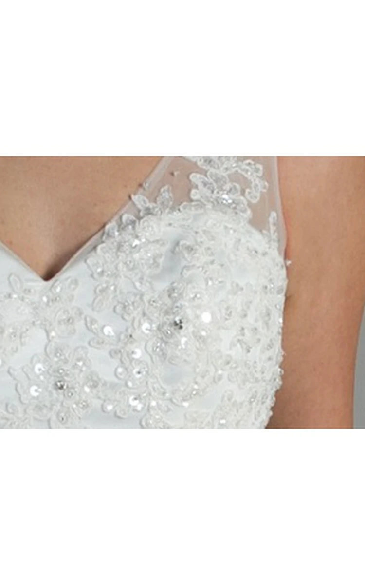 V Neck Appliqued Top A-Line Tulle Bridal Gown With Sequins And Crystals