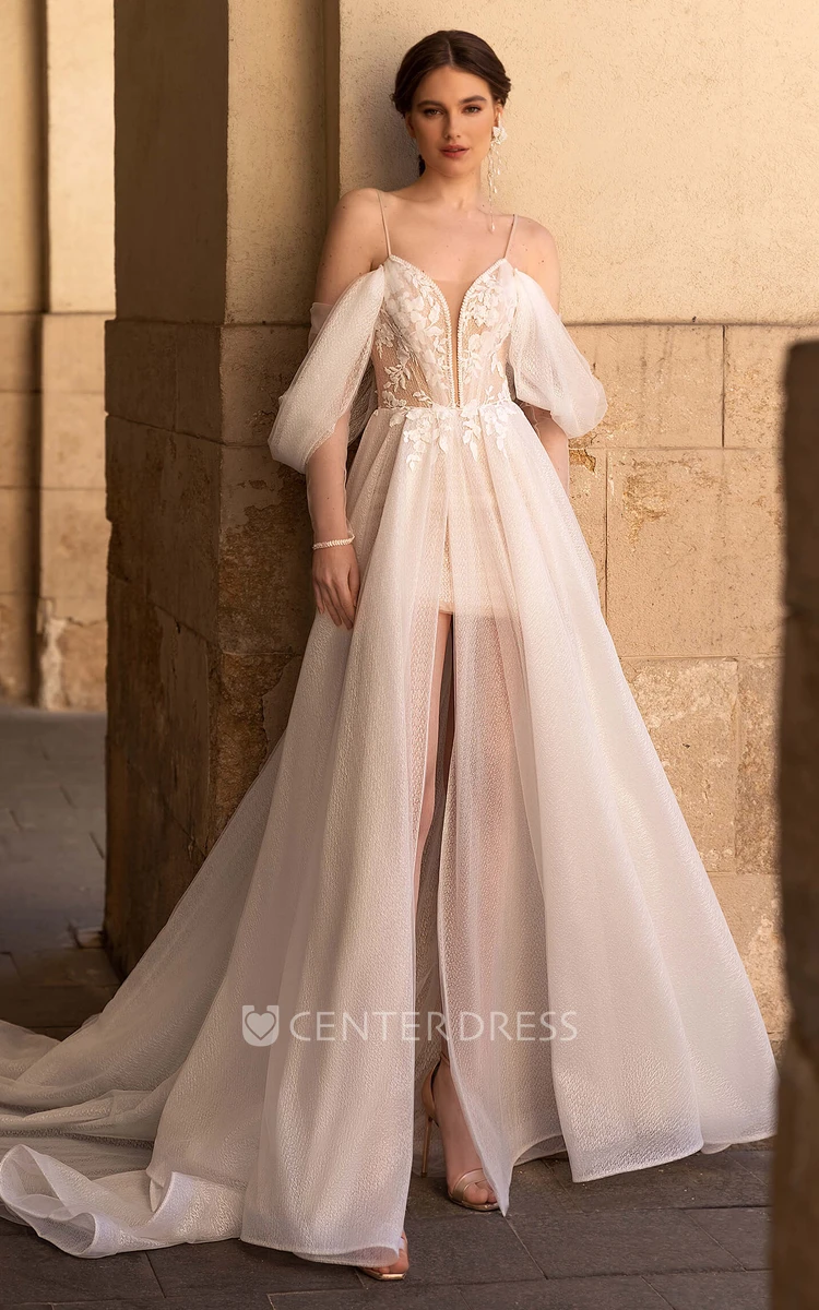 Romantic Off-the-shoulder A Line Tulle Half Sleeve Floor-length Wedding Dress with Split Front