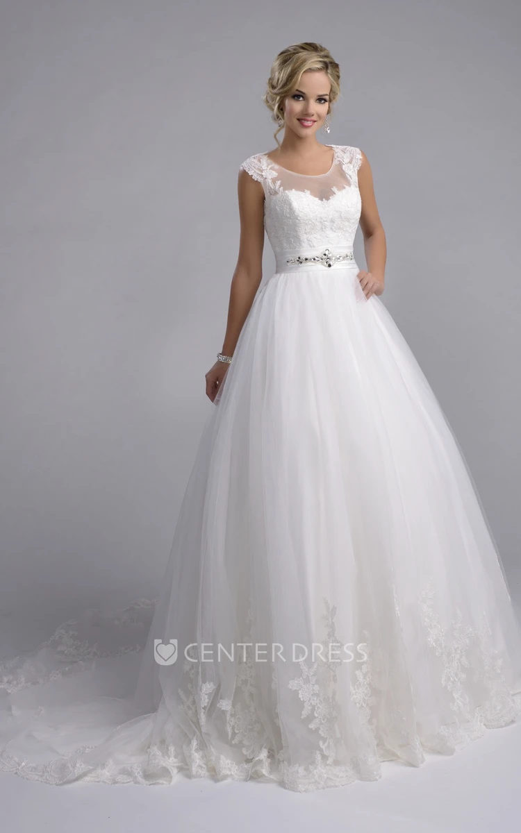 Lace-Appliqued Tulle A-Line Wedding Dress With Cap Sleeve And Keyhole Back