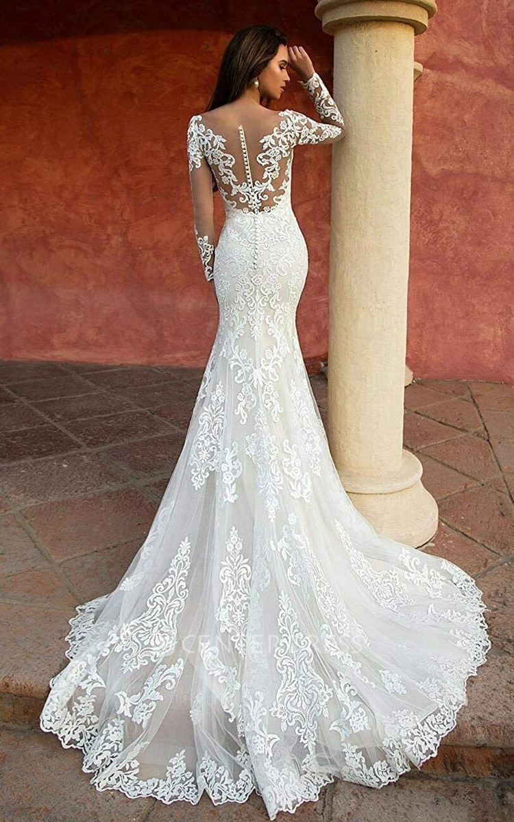Lace Mermaid Wedding Dress with Long Sleeves Elegant Country Garden Style