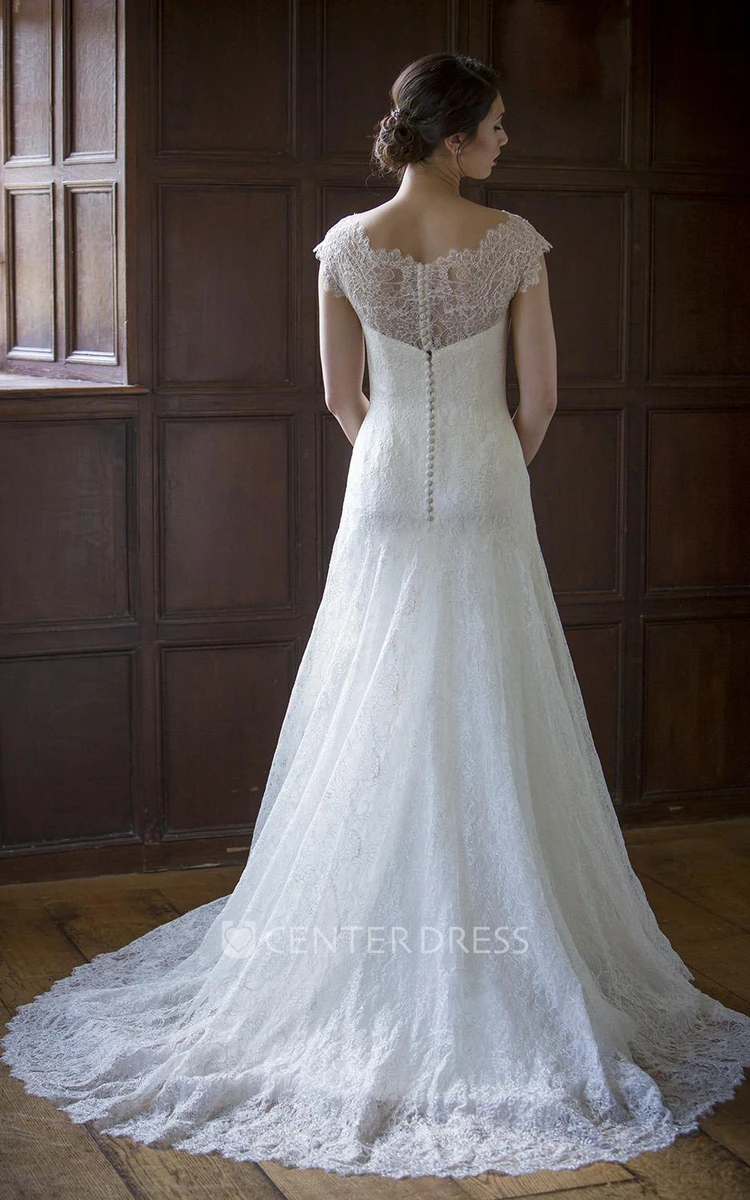 A-Line Cap-Sleeve V-Neck Lace Wedding Dress With Illusion