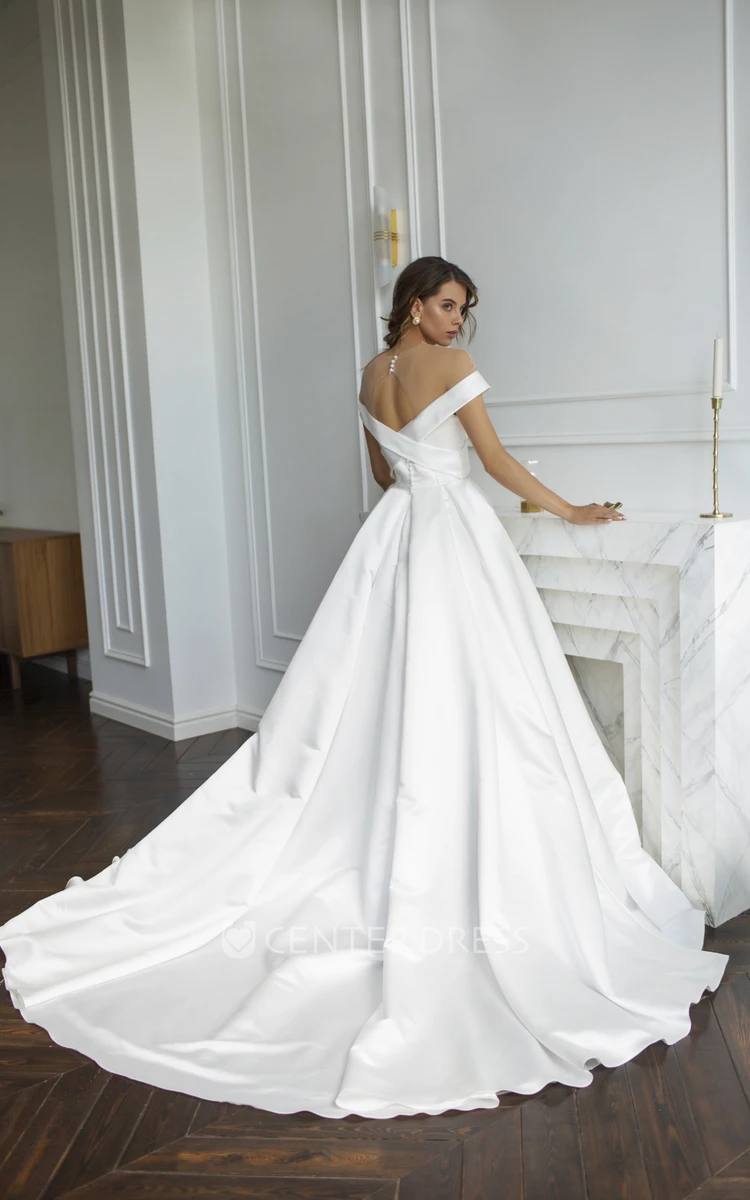 Criss Cross With Illusion Keyhole Back And Buttons Off-the-shoulder Illusion Satin Wedding Dress