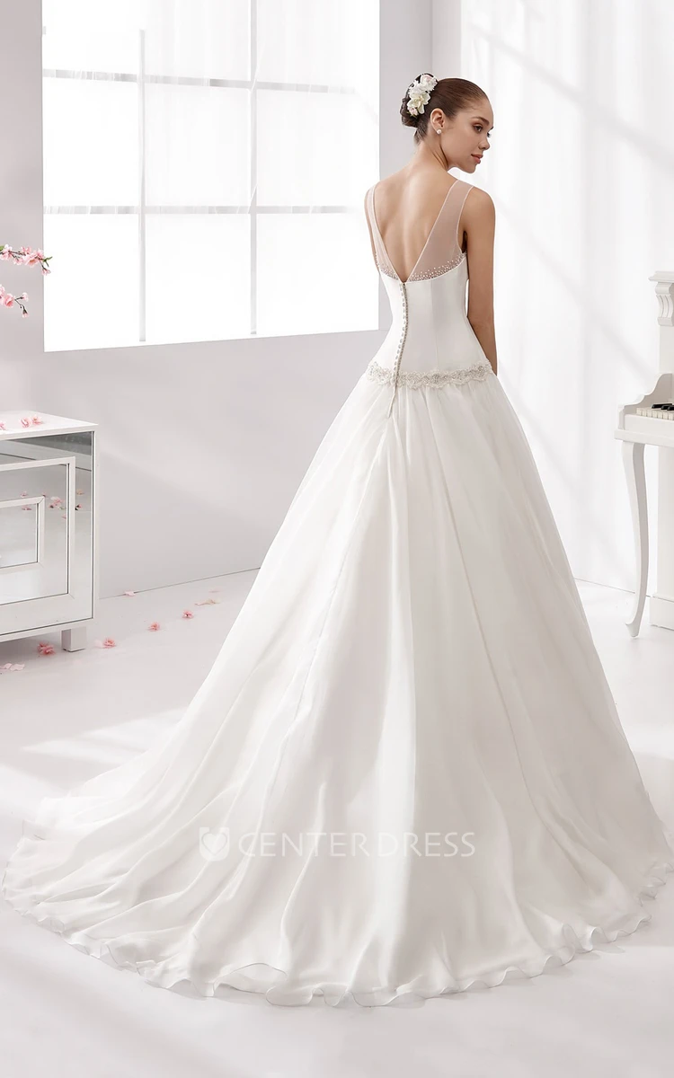 Jewel-neck Waist-drop Wedding Gown with Beaded Details and Illusive Neckline 