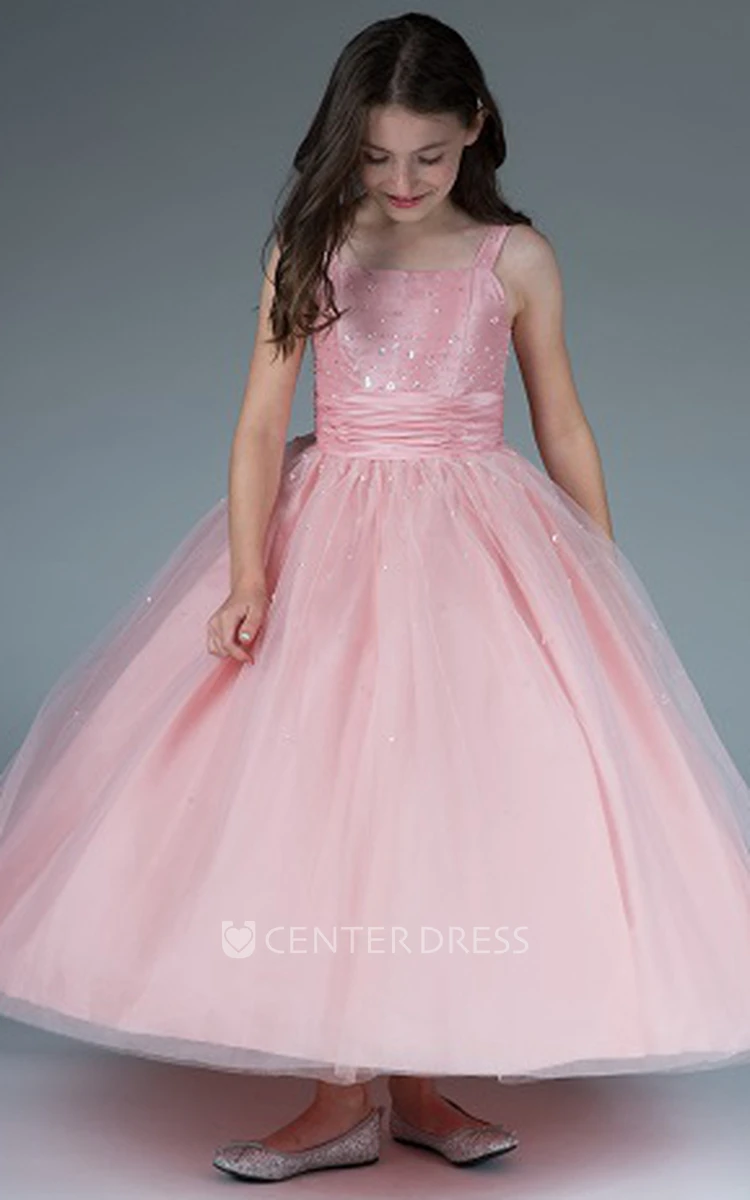 Flower Girl Square Neck Sequined Top Tulle Ball Gown With Fishbone