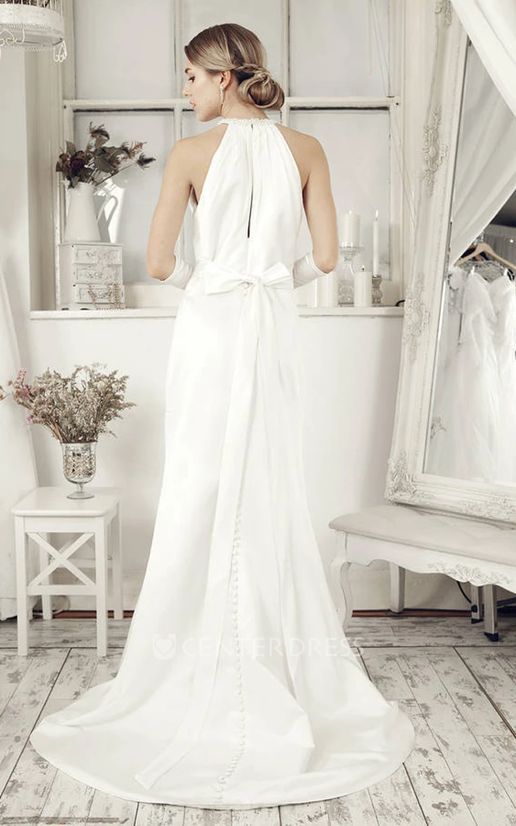 Sheath High Neck Sleeveless Beaded Floor-Length Satin Wedding Dress With Bow