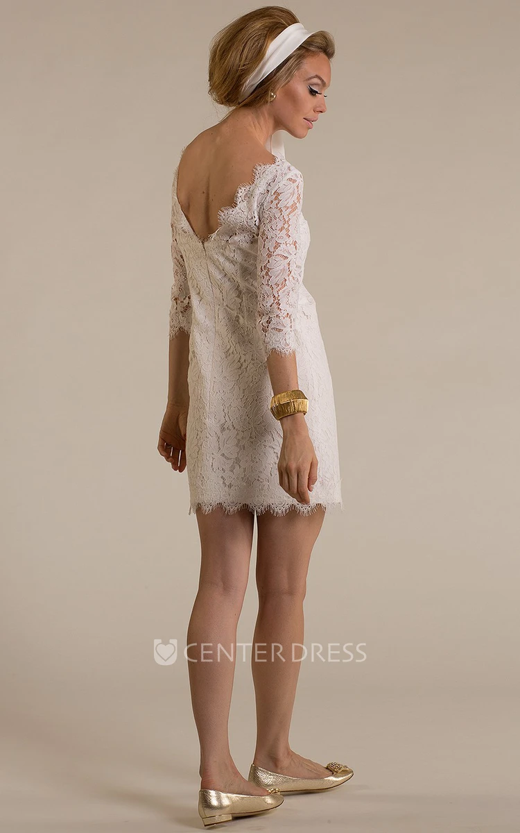 Half-Sleeve Bateau-Neck Short Lace Wedding Dress With V Back