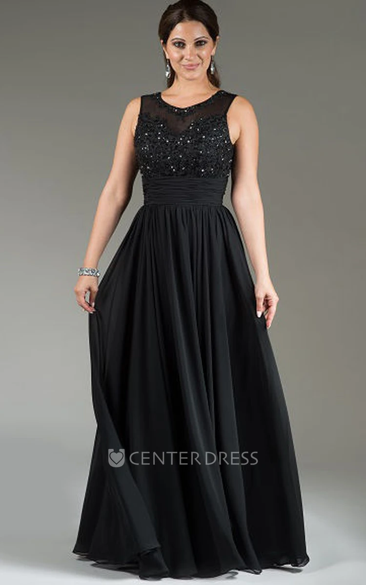 Scoop Neck Applique Top Chiffon Long Mother Of The Bride Dress With Crystal Details