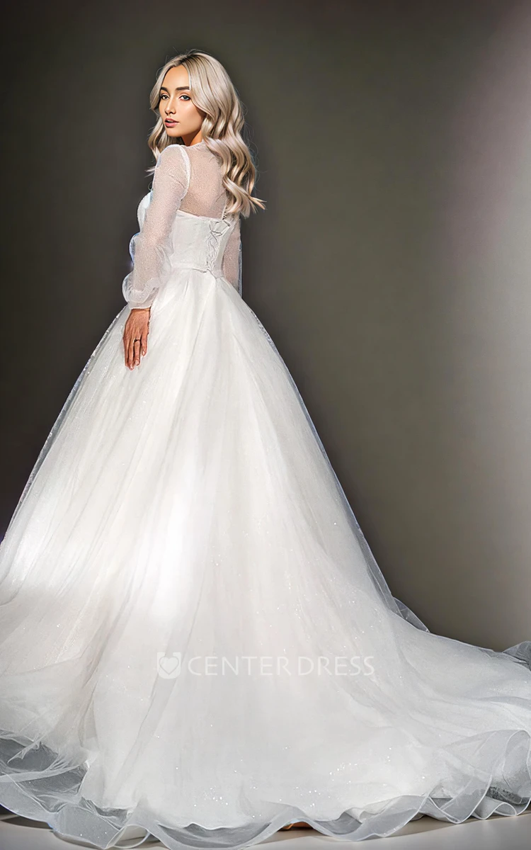 Simple Modest A-Line Jewel Sweetheart Neck Plus Size Tulle Wedding Dress Solid Romantic Floor-length Train Long Puff Sleeve Button Lace-up Back Bridal Gown with Sash