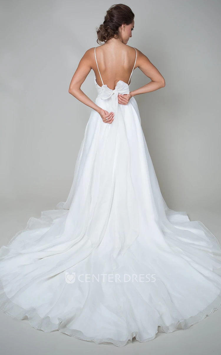 A-Line Spaghetti Appliqued Floor-Length Sleeveless Wedding Dress With Bow