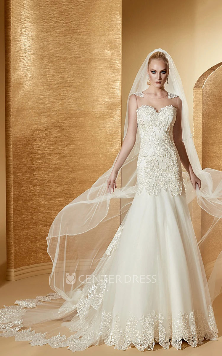Beautiful Cap Sleeve Mermaid Lace Bridal Gown With Illusive Neckline And Appliques