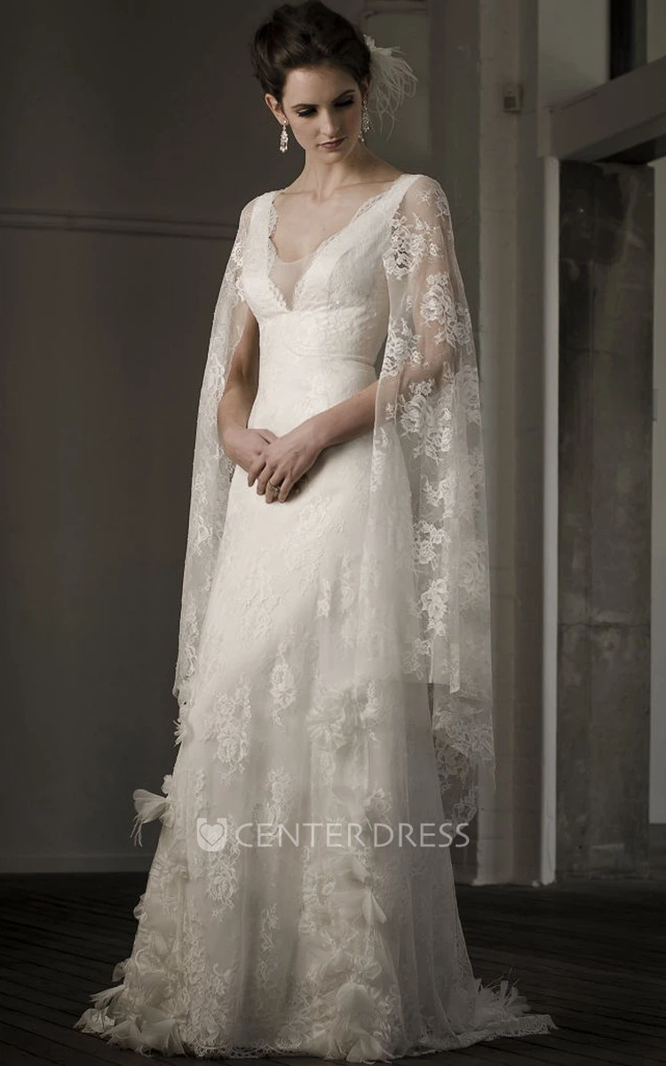 A-Line V-Neck Poet-Long-Sleeve Long Appliqued Lace Wedding Dress With Flower