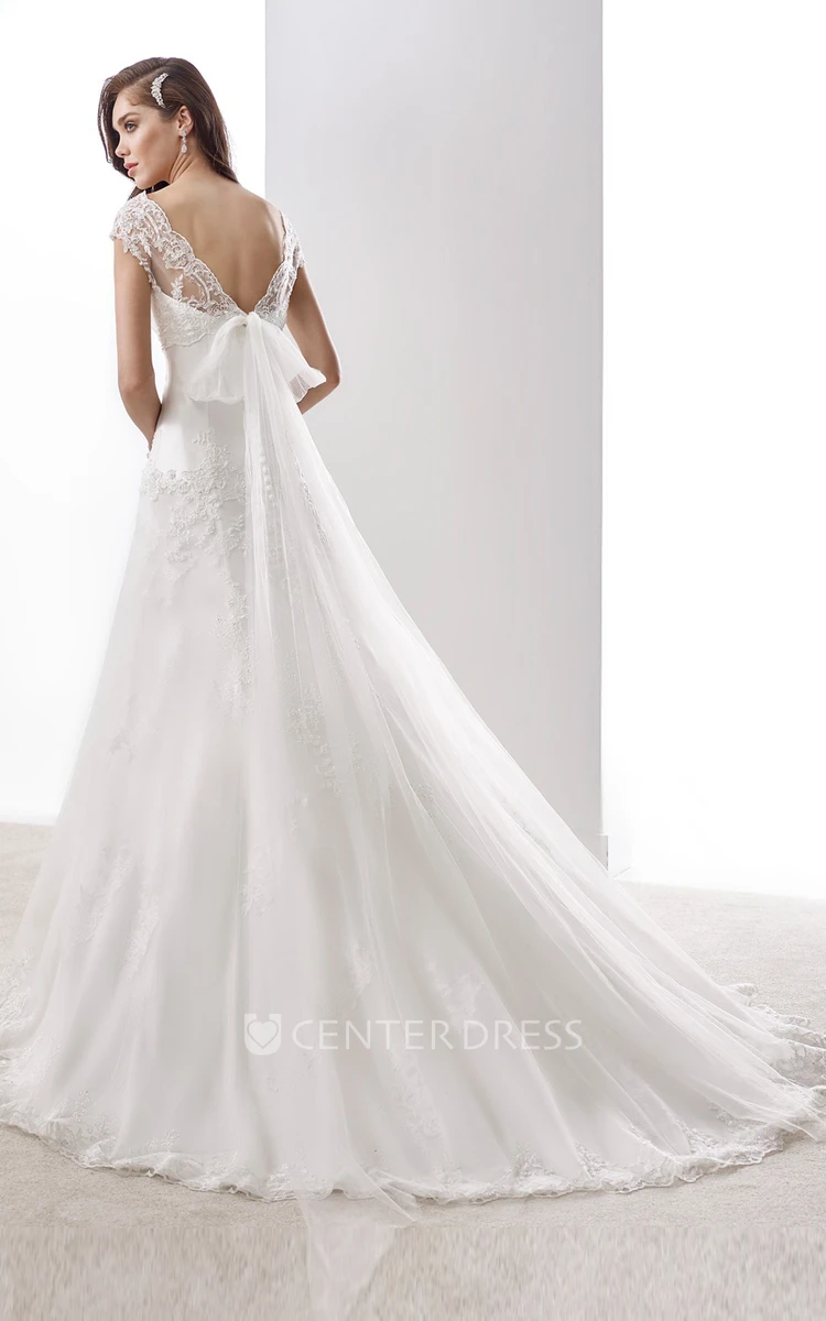 Strapless Illusion A-Line Satin Wedding Dress With Lace Belt And Back Bow