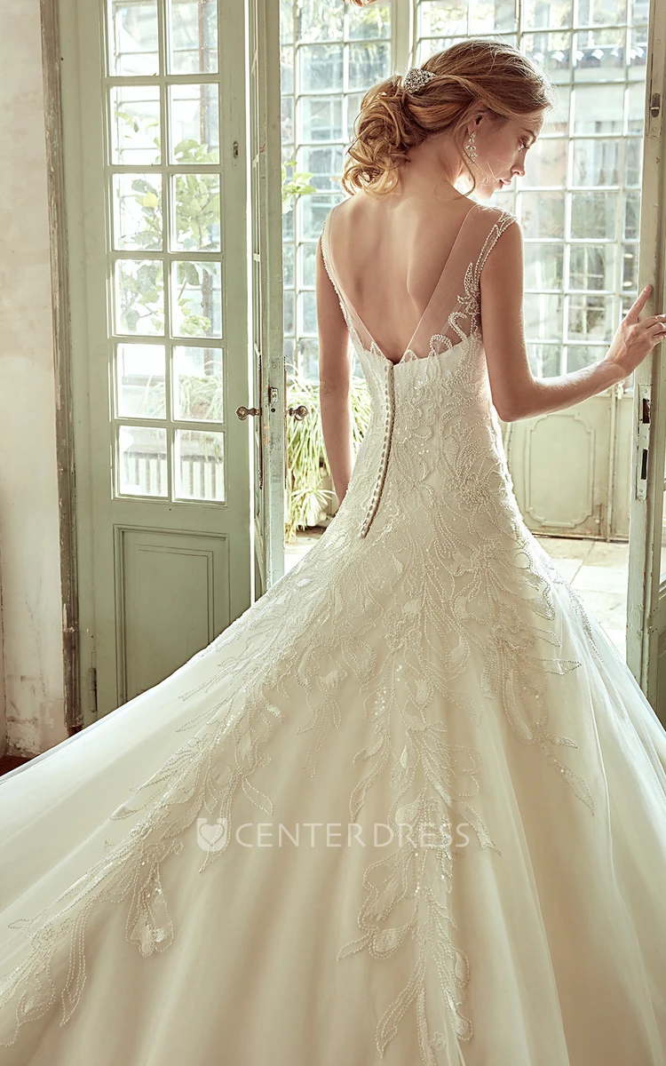 Strap Neckline A Line Wedding Dress With Drop Waist And Embroidery