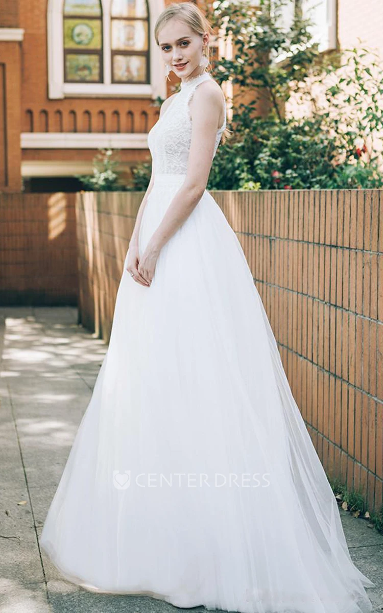 A Line Sleeveless Halter Lace Tulle Bohemian Modern Zipper Wedding Dress