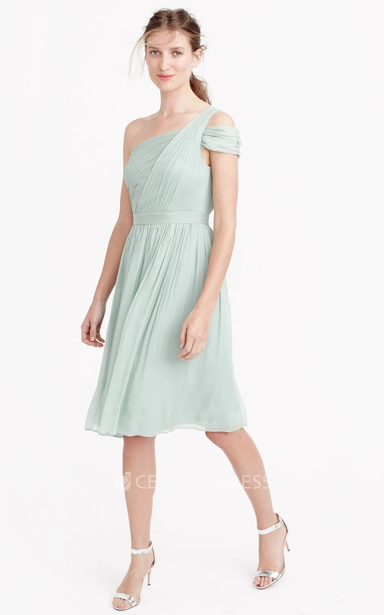 Knee-Length Ruched One-Shoulder Sleeveless Chiffon Bridesmaid Dress With Straps