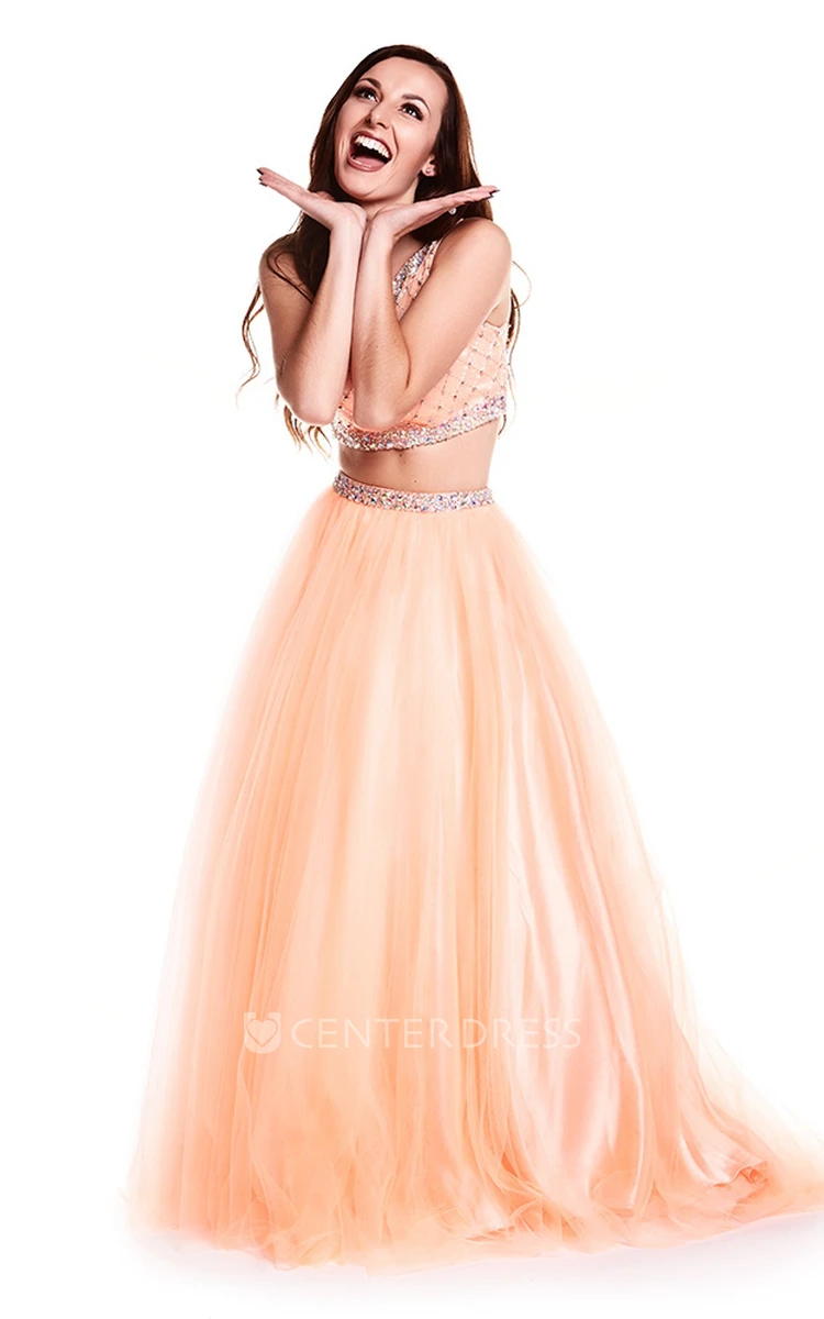 A-Line Scoop Neck Sleeveless Beaded Tulle Prom Dress With Illusion Back