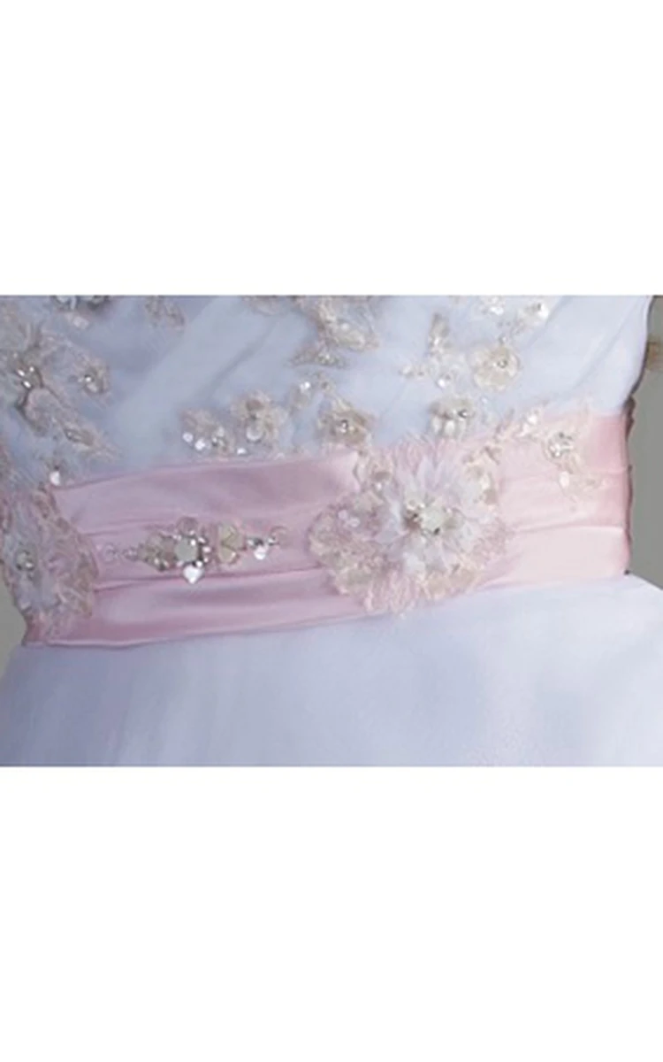 Crystal Applique Bodice Tulle Bridal Ball Gown With Pink Floral Sash