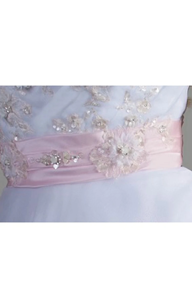 Floral Sashes Cap Sleeves Crystal Knee-Length Homecoming Dress Floral Sashes Cap Sleeves Crystal Knee-Length Homecoming Dress