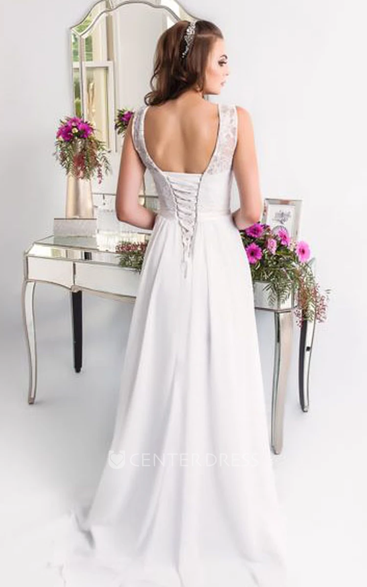 Sheath Maxi Sleeveless Scoop Chiffon&Lace Wedding Dress With Lace-Up Back