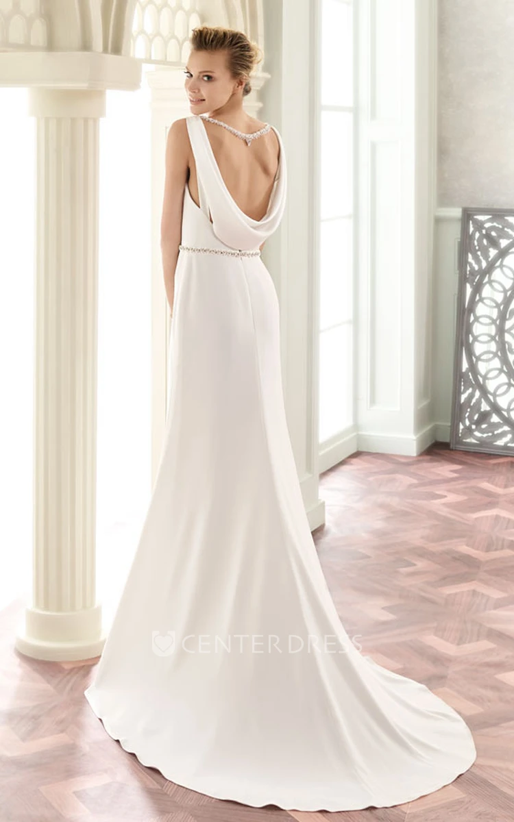 Floor-Length V-Neck Jeweled Satin Wedding Dress With Brush Train And V Back