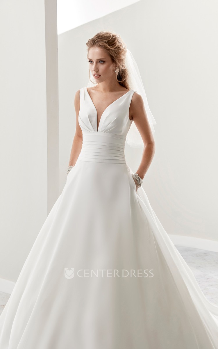 Deep-V Open-Back Satin Bridal Gown With Cap Sleeves And Wide