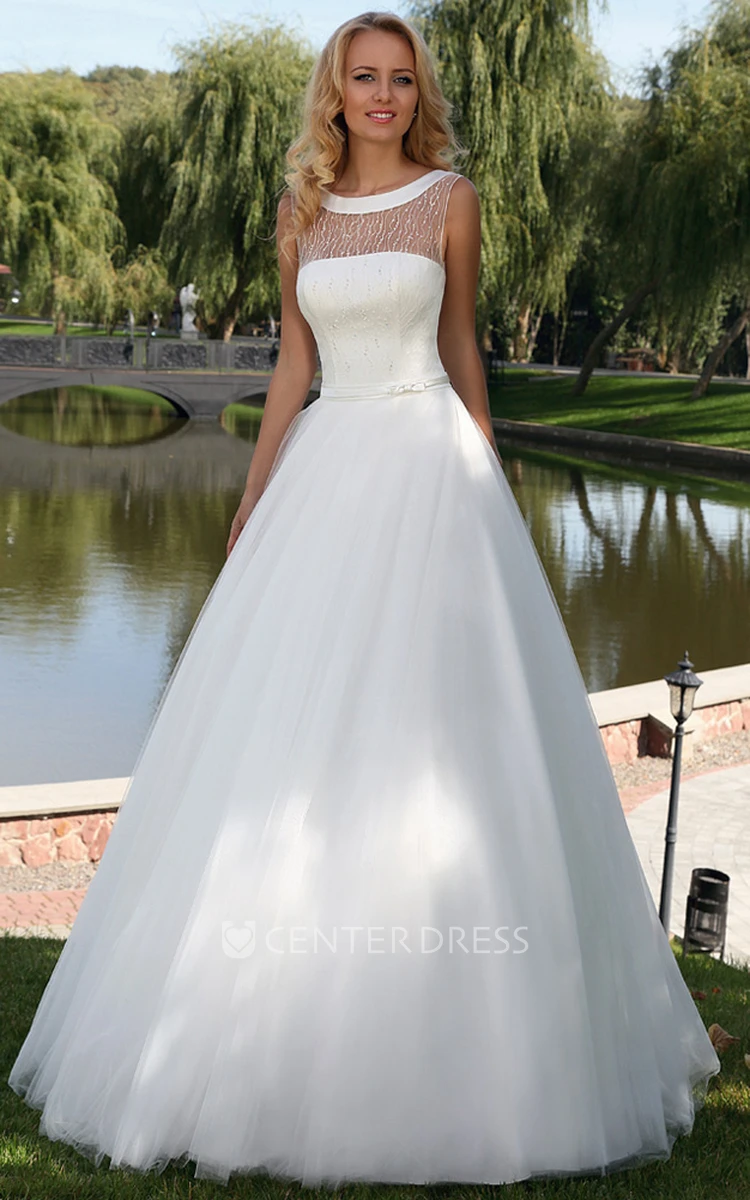 A-Line Floor-Length Sleeveless Scoop-Neck Tulle Wedding Dress With Beading And Corset Back