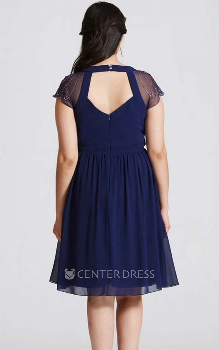 Mini Cap Sleeve V-Neck Ruched Chiffon Bridesmaid Dress With Sequins And Keyhole