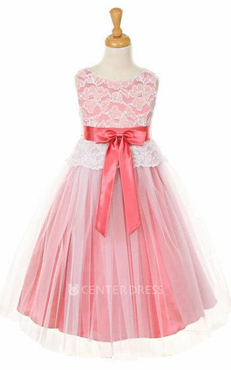 Tea-Length Bowed Tulle&Lace Flower Girl Dress