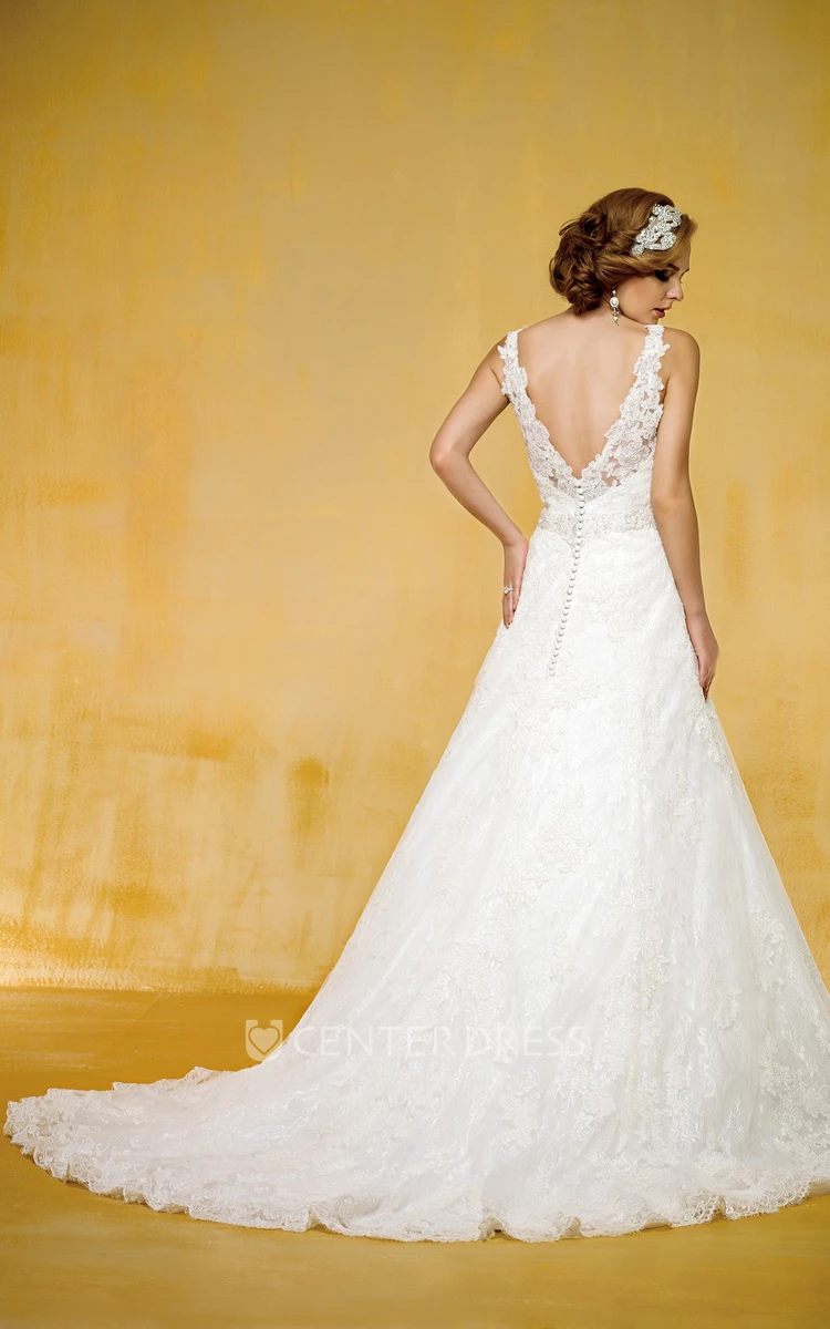 Sleeveless V-Neck A-Line Wedding Dress With Low V-Back And Appliques