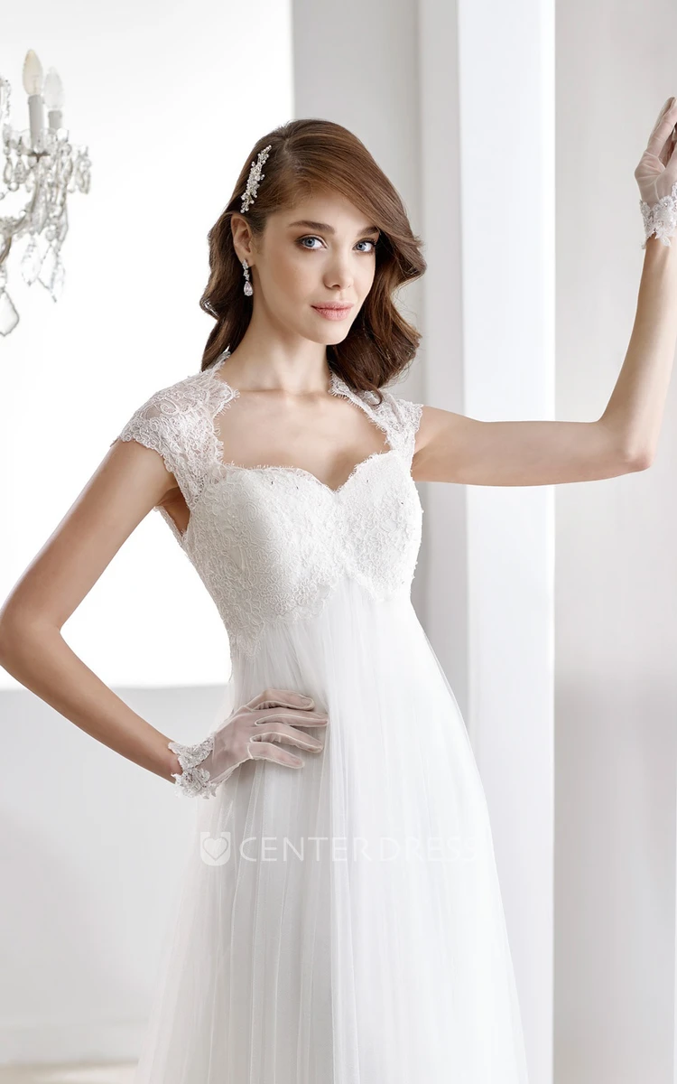 Cap Sleeve Draping Bridal Gown With Queen-Anna Neckline And Keyhole Back