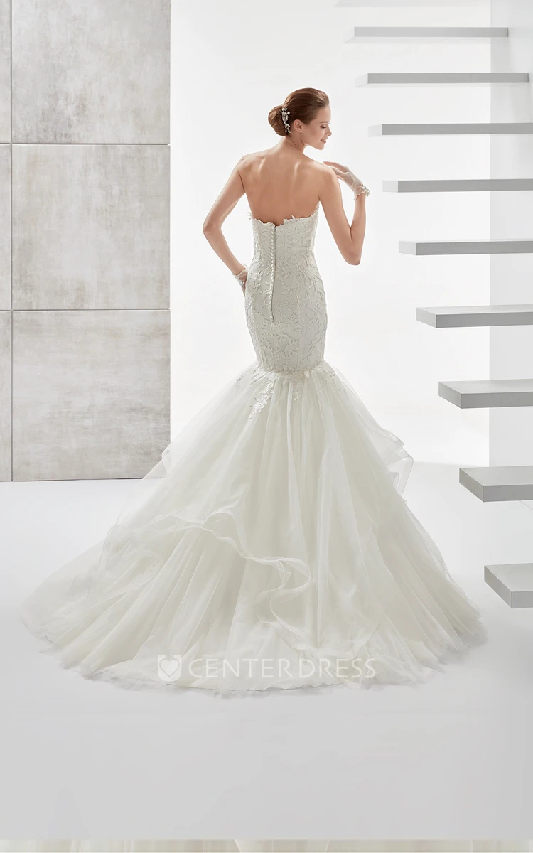Strapless Mermaid Lace Wedding Dress with Ruffled Train and Appliques