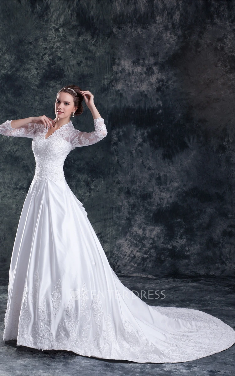 Modest Scalloped-Neck 3 4 Sleeves A-line Lace Wedding Gown with Court Train