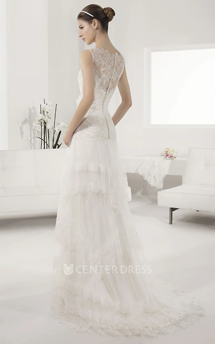 Bateau Sleeveless A-Line Tulle Gown With Lace Bodice And Layered Skirt