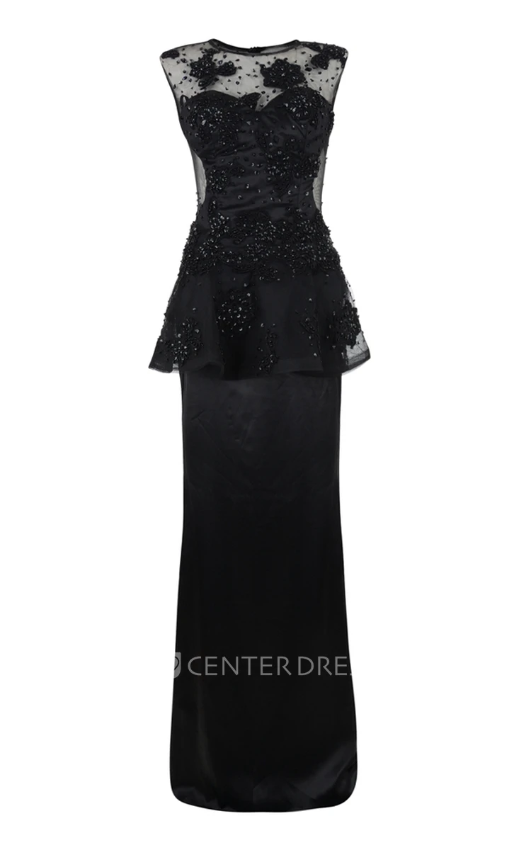 Sheath Jewel Appliqued Maxi Cap-Sleeve Satin Prom Dress With Beading And Peplum