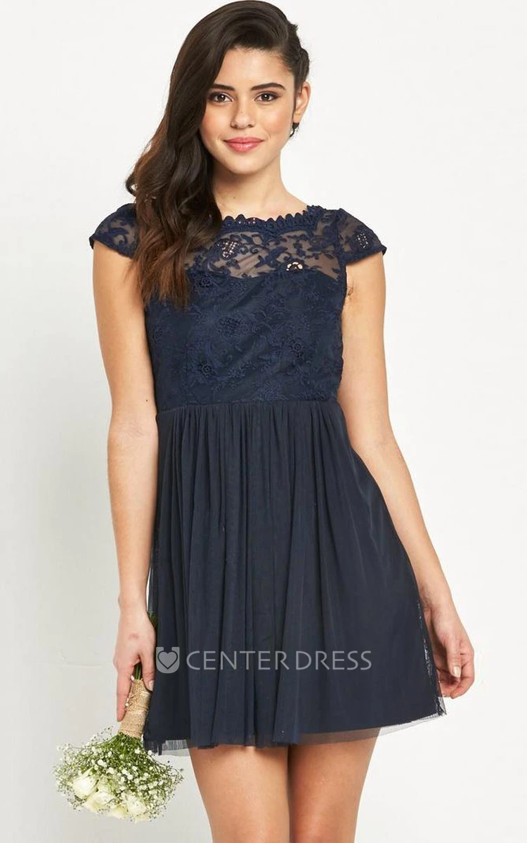 Mini Cap Sleeve Bateau Neck Appliqued Tulle Bridesmaid Dress With Low-V Back