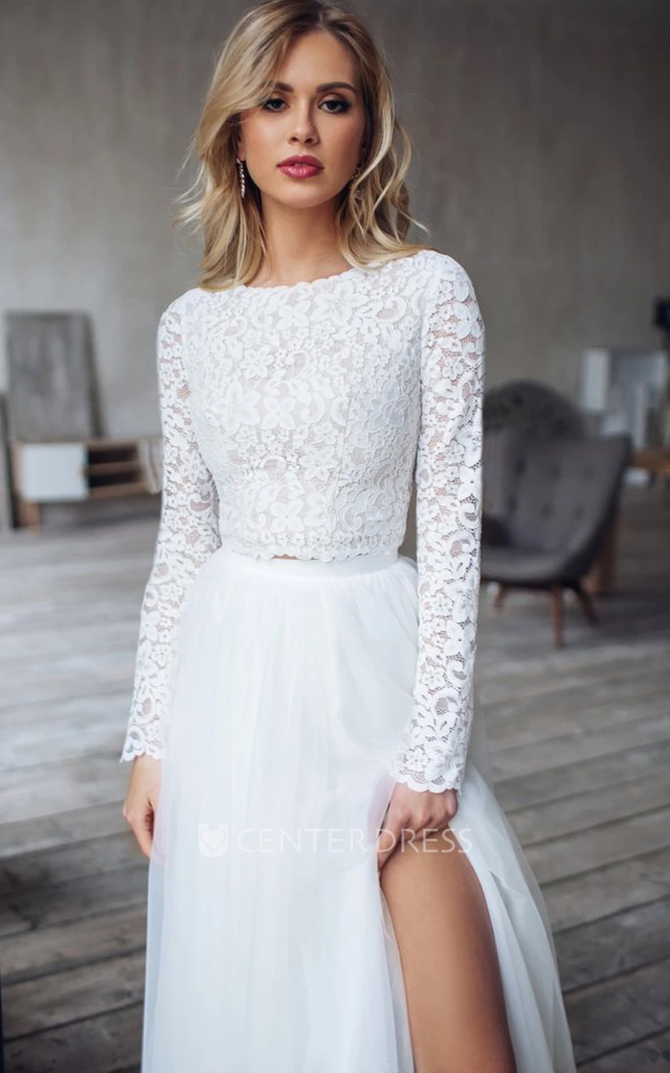 Two Piece Long Sleeve Lace Tulle Vintage Button Wedding Dress with Ruffles