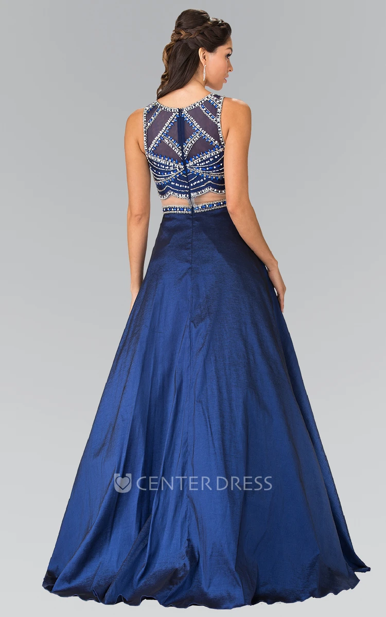 Two-Piece A-Line Scoop-Neck Sleeveless Satin Illusion Dress With Beading