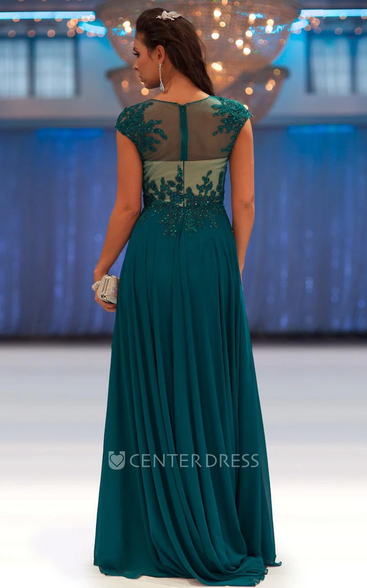 A-Line Beaded Long Cap-Sleeve Jewel-Neck Chiffon Prom Dress With Appliques And Pleats