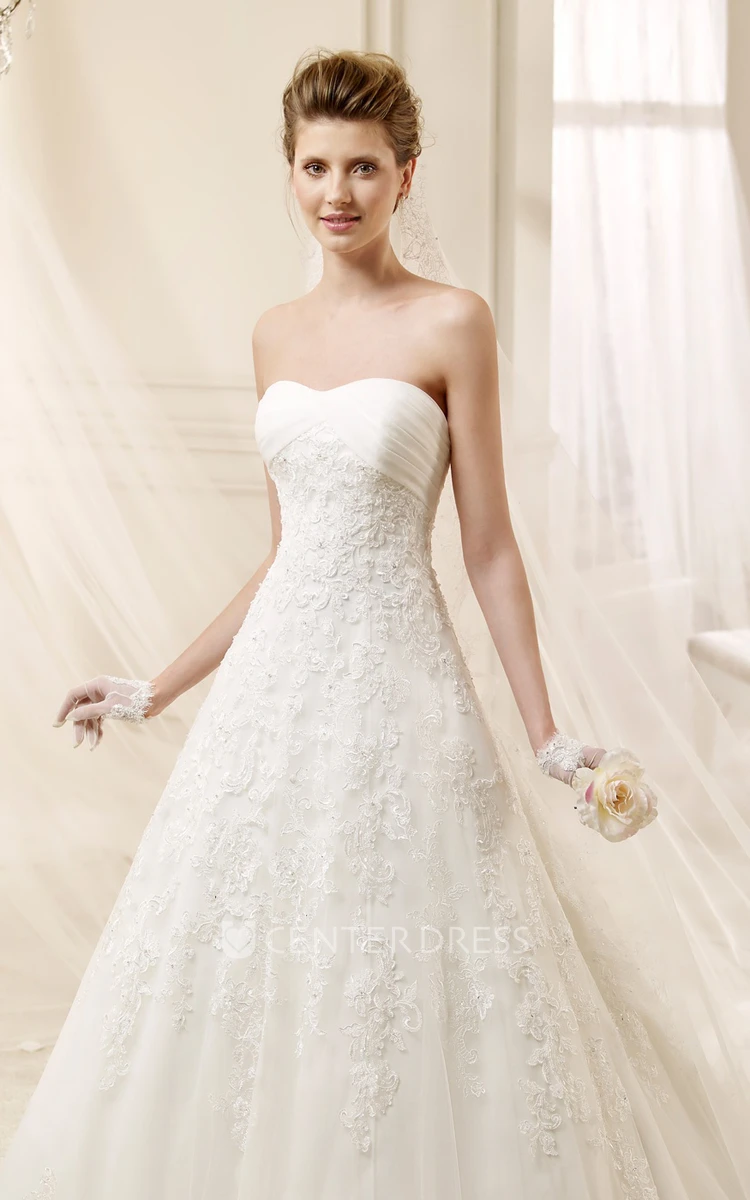 Strapless A-line Wedding Dress with Pleated Bust and Lace Appliques
