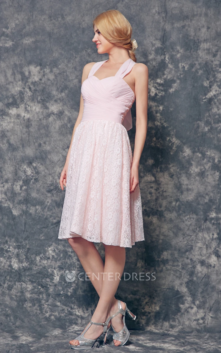 Simple Halter Knee Length Chiffon and Lace Bridesmaid Dress with Ruching