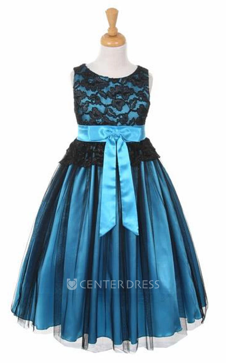 Tea-Length Sleeveless Tulle&Lace Flower Girl Dress