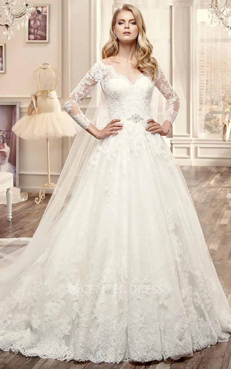 V-Neck Lace Wedding Dress With Long Sleeve And Pleated Skirt