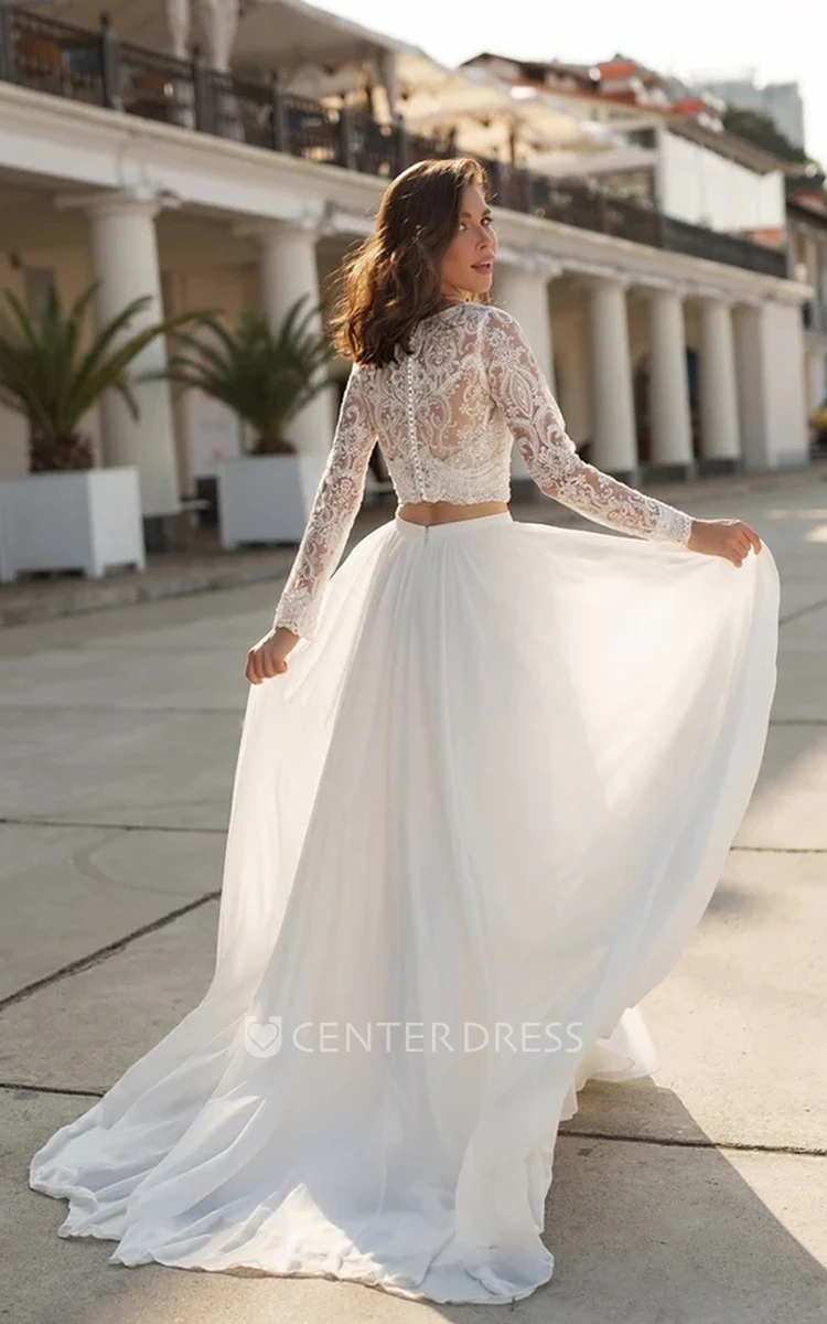 Two Piece Chiffon Sexy V-neck Bridal Gown with Beach Sweep Train Lace Long Sleeve Zipper