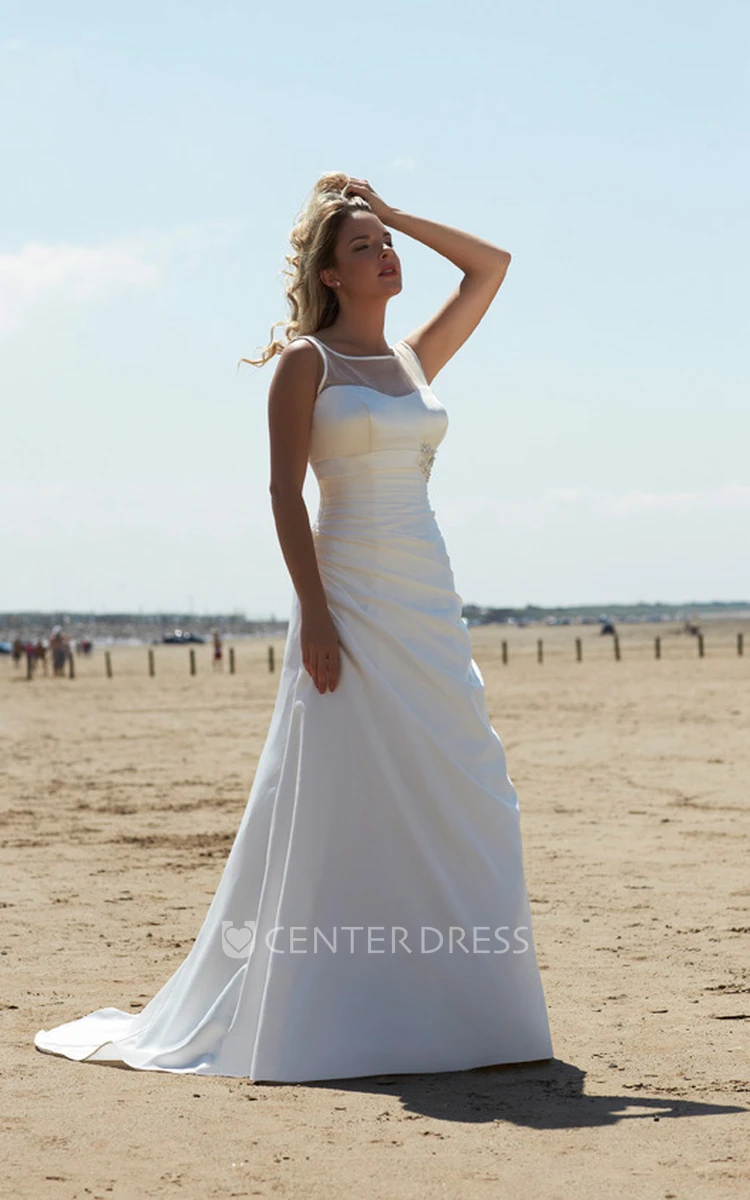 Sheath Broach Bateau-Neck Floor-Length Sleeveless Chiffon Wedding Dress With Side Draping