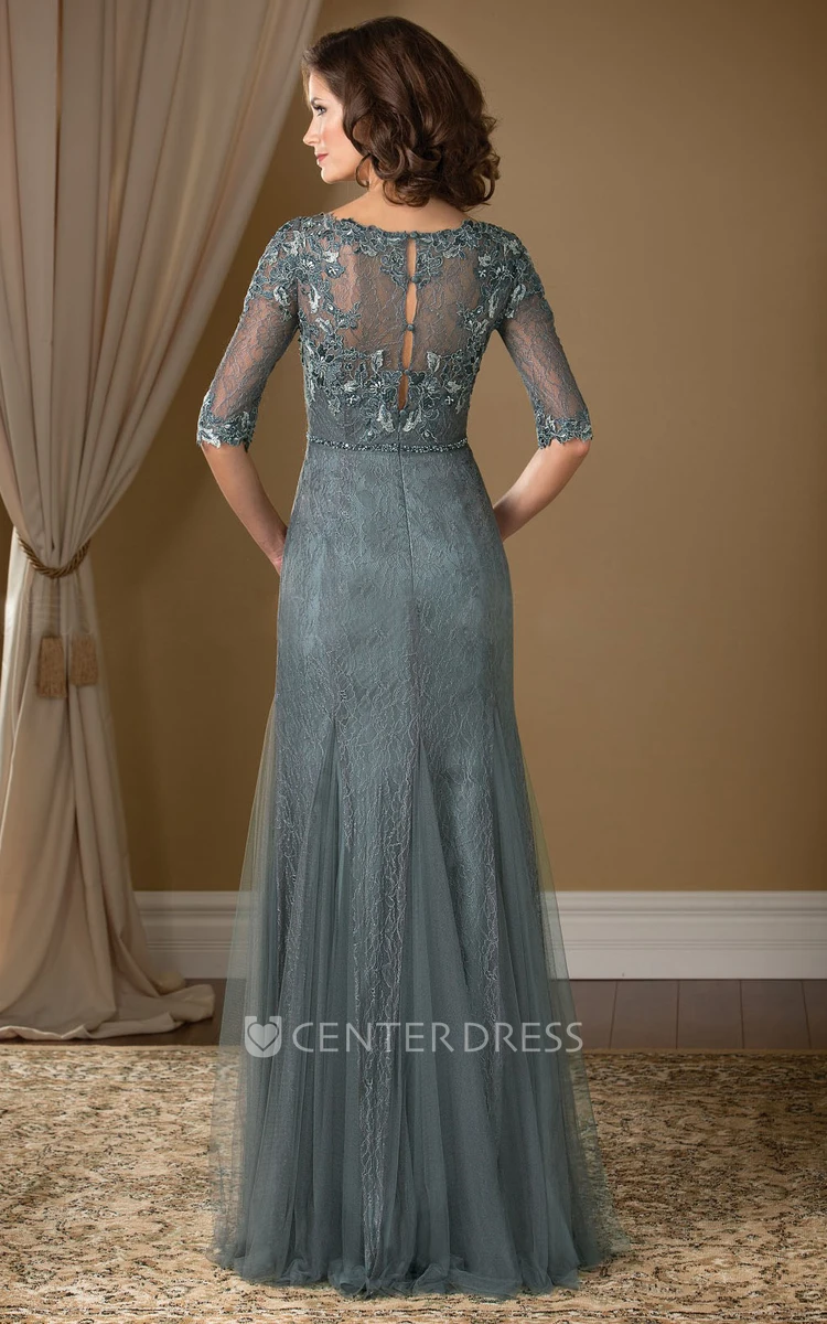Half-Sleeved Long Mother Of The Bride Dress With Lace And Illusion Detail
