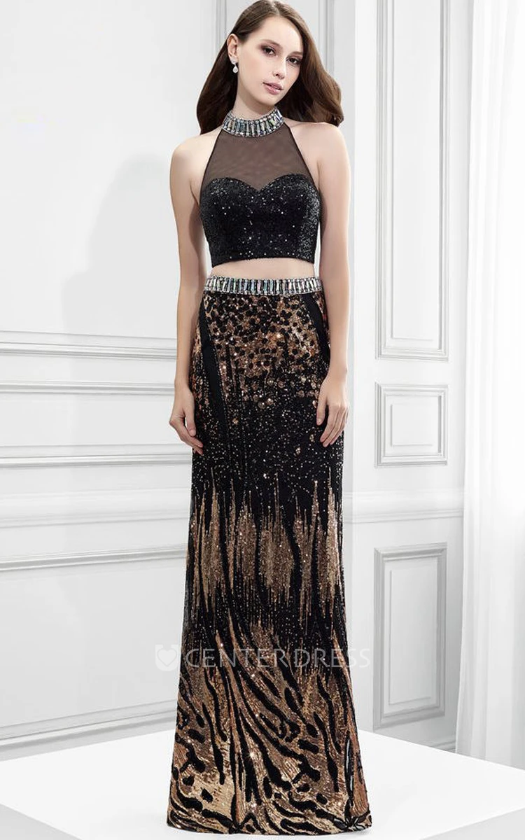 High Neck Sleeveless Beaded Sequin Prom Dress With Bow
